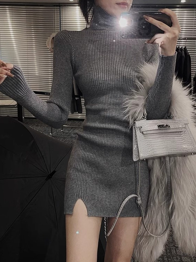 Bodycon Long Sleeve Ribbed Dress - Damen Bodycon Mini-Strickkleid mit Rollkragen, Einfarbig