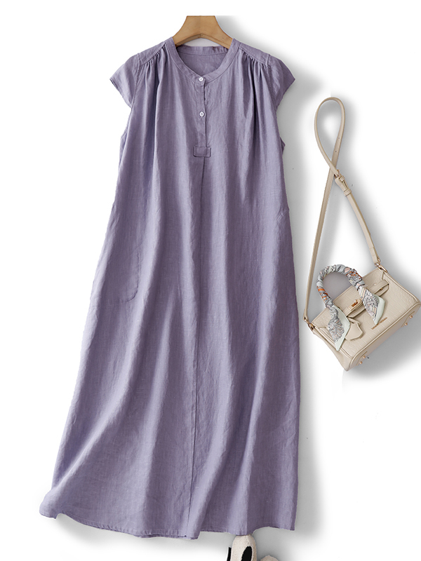 Casual Loose Linen Shirt Dress - Sommerliches, einfarbiges, ärmelloses langes Kleid aus