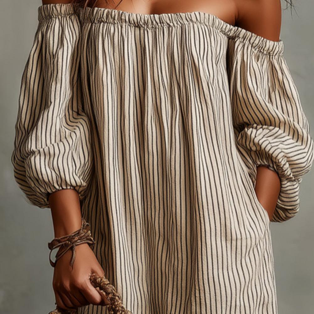 Off Shoulder Puff Sleeve Sundress - Frühling Sommer Damen Off-Shoulder Maxikleid Gestreiftes