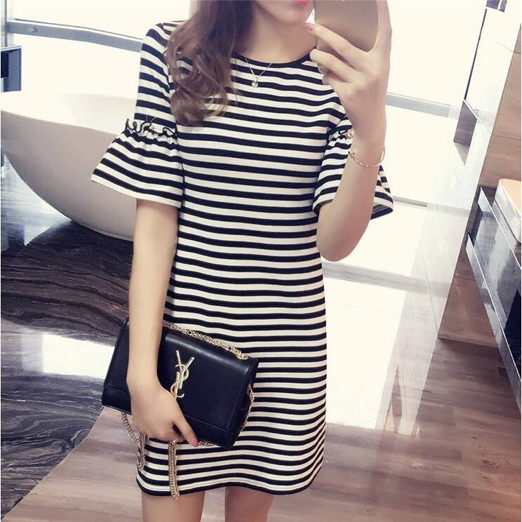 Korean Style A Line Shirt Dress - Sommerliches gestreiftes Kleid für Damen, Midi-Länge,