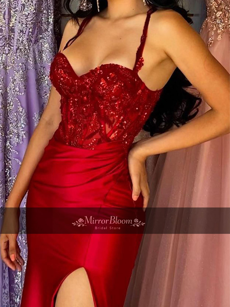 Elegant Satin Evening Gown Split - Maßgeschneidertes Elegantes Luxus-Abendkleid Rot mit Spaghetti-Trägern