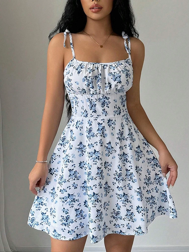 French Vintage Floral Midi Dress - Kurzes Sommerkleid mit Blumenmuster und Spaghettiträgern