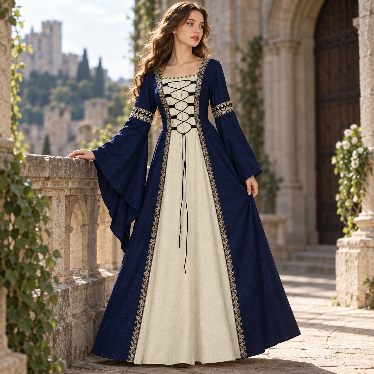 Dresses - Langärmeliges A-Linien-Kleid mit Glockenärmeln, sexy Patchwork-Maxikleid,