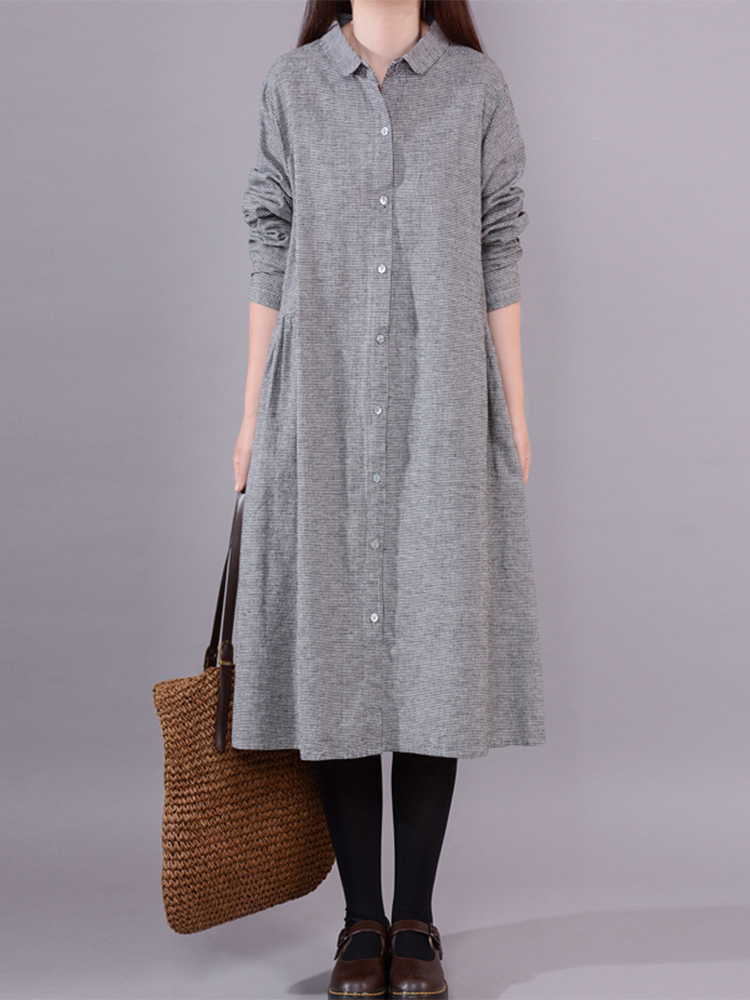 Korean Style A Line Shirt Dress - Damen Langarm Baumwolle-Leinen Kariertes Hemdkleid Asymmetrisch