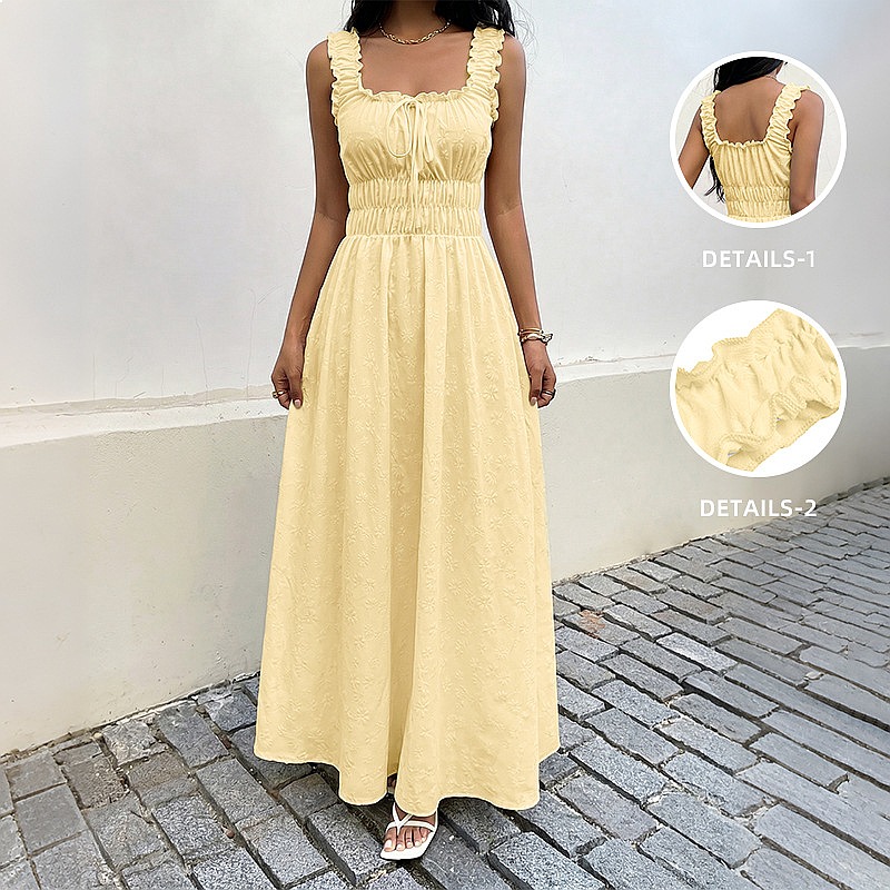 Boho Summer Beach Maxi Dress - Sommerkleid ohne Ärmel mit quadratischem Ausschnitt,