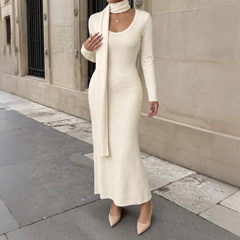 Bodycon Long Sleeve Ribbed Dress - Elegantes, geripptes Maxikleid für Damen, langärmeliges,