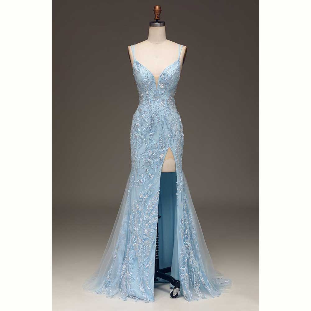 Elegante Hellblaue Satin Fraue – Elegant Satin Evening Gown Split Bewertung und Preis