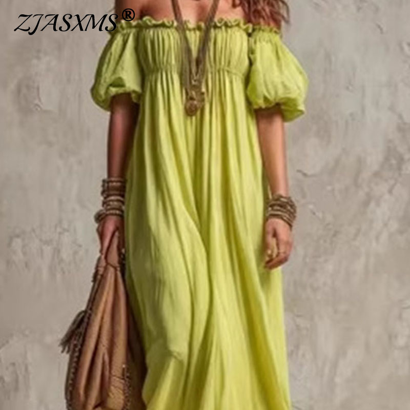 Damen Elastische Taille Lässig – Off Shoulder Puff Sleeve Sundress Bewertung und Preis